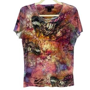 Elena Wang Vibrant Tie Dye Butterfly Print Semi Sheer Short Sleeve Tee Size M